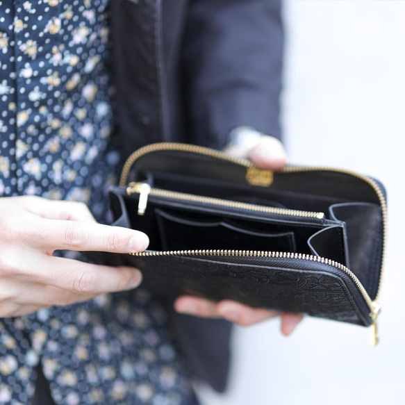 送料無料 長財布 栃木レザー ペイズリー型押し リミテッド ラウンドファスナー ブラック 財布 メンズ レディース 本革 VINCENT ブラック