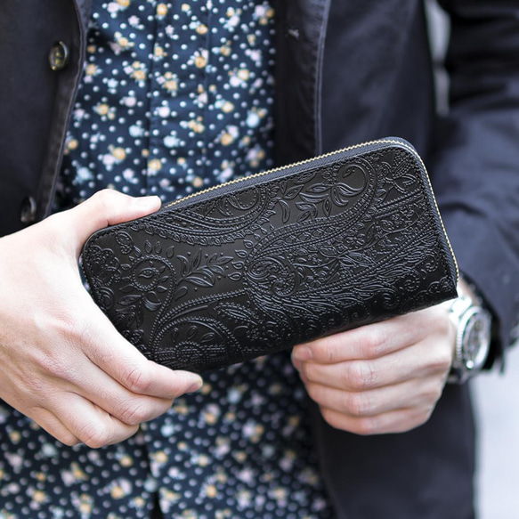 送料無料 長財布 栃木レザー ペイズリー型押し リミテッド ラウンドファスナー ブラック 財布 メンズ レディース 本革 VINCENT ブラック