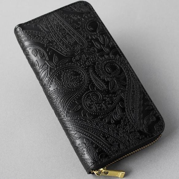 送料無料 長財布 栃木レザー ペイズリー型押し リミテッド ラウンドファスナー ブラック 財布 メンズ レディース 本革 VINCENT ブラック