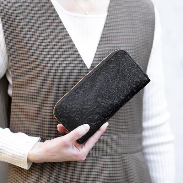 送料無料 長財布 栃木レザー ペイズリー型押し リミテッド ラウンドファスナー ブラック 財布 メンズ レディース 本革 VINCENT ブラック