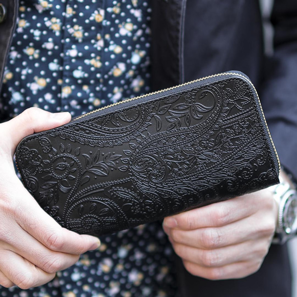 送料無料 長財布 栃木レザー ペイズリー型押し リミテッド ラウンドファスナー ブラック 財布 メンズ レディース 本革 VINCENT ブラック