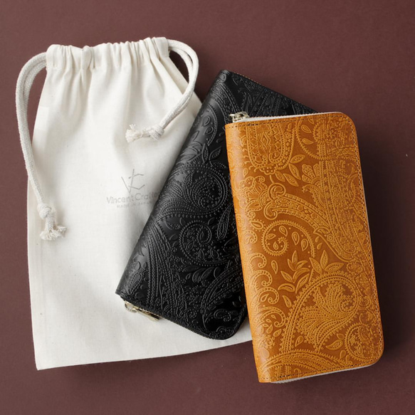 送料無料 長財布 栃木レザー ペイズリー型押し リミテッド ラウンドファスナー ブラック 財布 メンズ レディース 本革 VINCENT ブラック