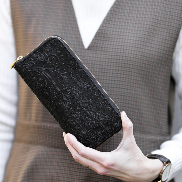 送料無料 長財布 栃木レザー ペイズリー型押し リミテッド ラウンドファスナー ブラック 財布 メンズ レディース 本革 VINCENT ブラック