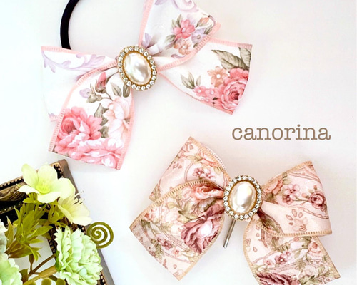 アンティークフラワー柄リボンのヘアゴム ポニーフック 発表会