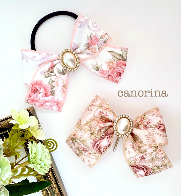 antique pink×flower＊グログランリボンのヘアゴム アンティーク