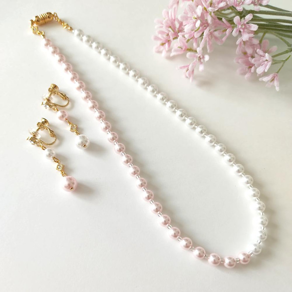 卒入学式、結婚式など..ハレノヒに《2点Set＊イヤリング＆ネックレス》Two colors pearl/Pink 2枚目の画像