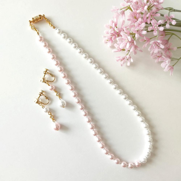 卒入学式、結婚式など..ハレノヒに《2点Set＊イヤリング＆ネックレス》Two colors pearl/Pink 1枚目の画像