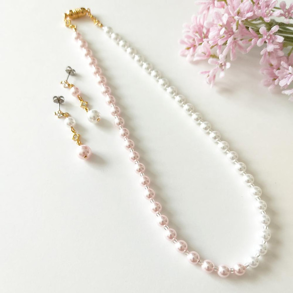 卒入学式、結婚式など..ハレノヒに《2点Set＊ピアス＆ネックレス》Two colors pearl/Pink 2枚目の画像