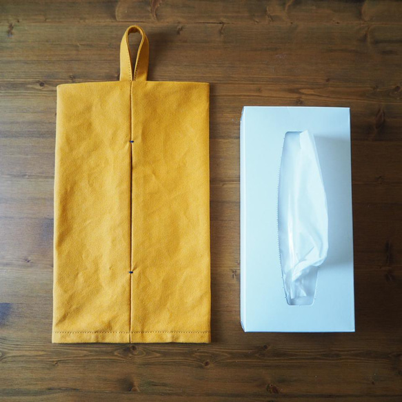 【受注製作】帆布で作ったシンプルな箱ティッシュケース（マスタード） 2枚目の画像