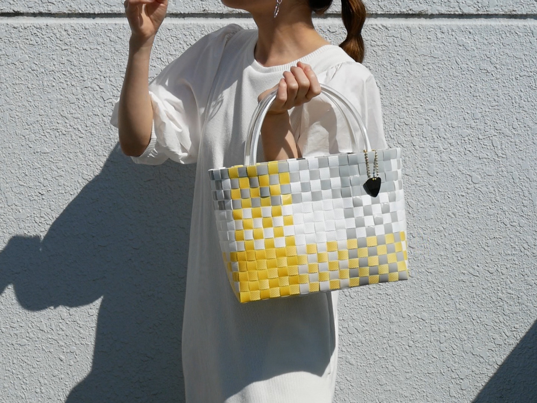 【受注製作】イエロー×グレーM　2WAYプラカゴバッグ　かごバッグ　黄色　ミモザ　スパバッグ