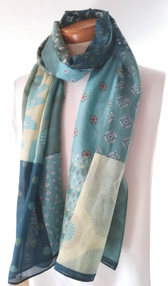 絹子のパッチワーク風そよ風のストール・オリジナルデザイン  (コットンシルクの快適スカーフ) 4枚目の画像