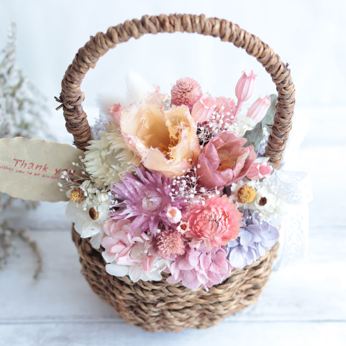 ドレスデン フラワーバスケット　プレート　花籠 Preserved Flower】グリーン系の爽やかなプチフラワーバスケット｜誕生