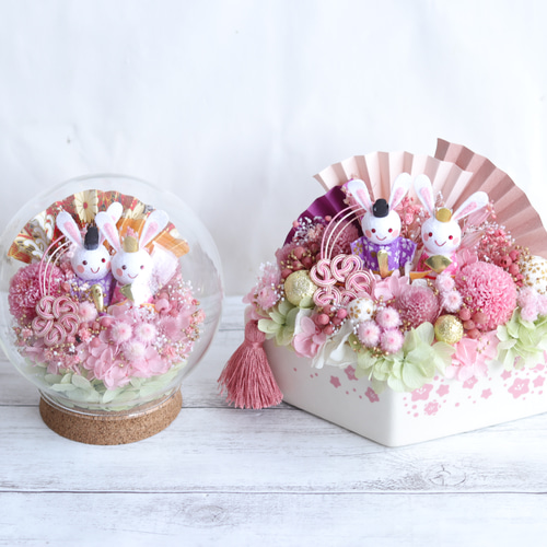受注製作】“ウサギさんのお花いっぱい雛祭り”＊ひし形陶器点プリザープ