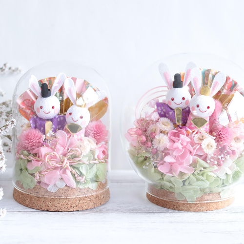 受注製作】“ウサギさんのお花いっぱい雛祭り”＊ひし形陶器点プリザープ