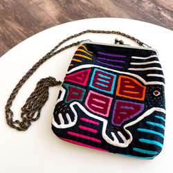 Mola × Leather Mini Bag #1／モラ 刺繍 レザー がま口バッグ ポシェット 3枚目の画像