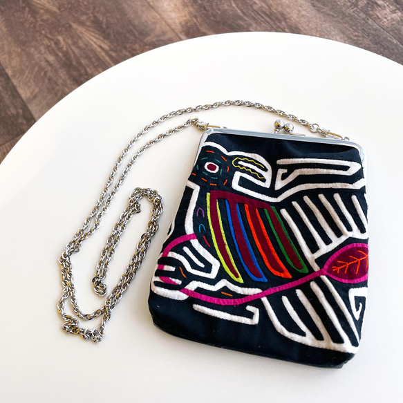 Mola × Leather Mini Bag #4／モラ 刺繍 レザー がま口バッグ