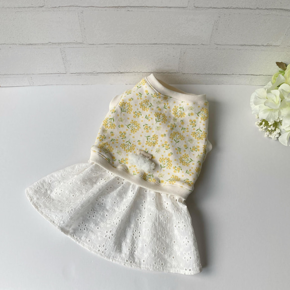 犬服【3S～M】ミモザと刺繍レースのワンピース ペット服・アクセサリー