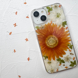 1点限り❁全機種対応 押し花ケース ガーベラ iPhone スマホケース 全機種対応 ガーベラ オレンジ 押し花