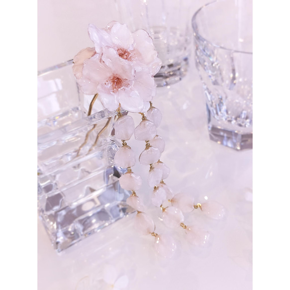 【受注制作】Everpink Sakura.　本物のお花　満開桜の花びら揺れる髪飾り ヘッドドレス　かんざし　しだれ 2枚目の画像