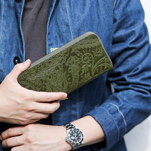 送料無料 長財布 栃木レザー ペイズリー型押し リミテッド ラウンドファスナー スプルース 財布 メンズ レディース VINCENT スプルース