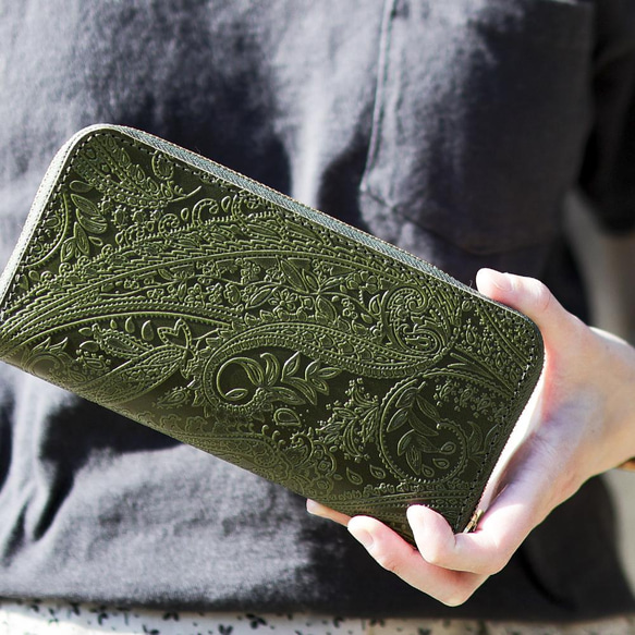 送料無料 長財布 栃木レザー ペイズリー型押し リミテッド ラウンドファスナー スプルース 財布 メンズ レディース VINCENT スプルース