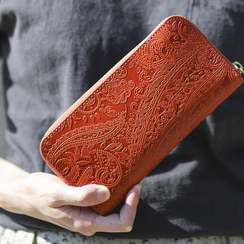 送料無料 長財布 栃木レザー ペイズリー型押し リミテッド