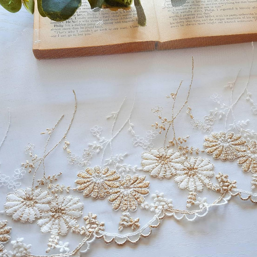 金糸入り 花柄幅広チュールレース 幅約19cm kies-51（50cm単位