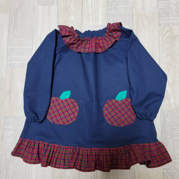 80～130size りんごポケット タータンチェック 赤 襟裾フリル 長袖スモック 8枚目の画像