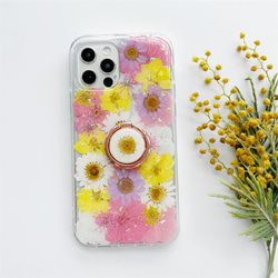 春の新作 スマホリング iPhone14Pro/SE/Xperia5III/GALAXYS23 押し花スマホケース 2枚目の画像