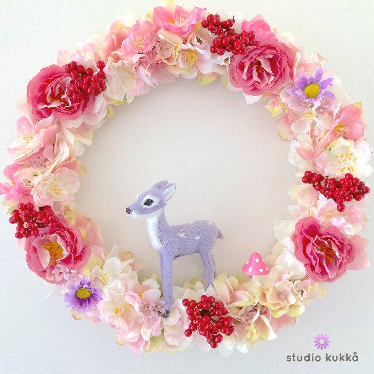 送料無料 直径26cm 桜とアジサイのグラデーションリース バンビ パープル きのこ ピンク春リース レッドベリー 紫