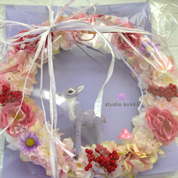 送料無料　直径26cm 桜とアジサイのグラデーションリース バンビ パープル きのこ ピンク春リース レッドベリー 紫 4枚目の画像