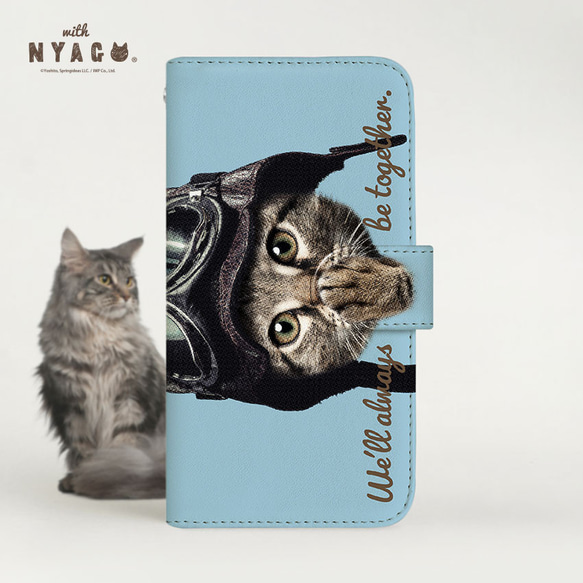 with NYAGO 猫 手帳型ケース 全機種対応 厚手タイプ［パイロット ソラちゃん 肉球 ブルー］2A7047 1枚目の画像