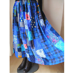 K様ご予約品 絵画なパッチワーク 美しい青のギャザースカート チェック 花  ストライプ 送料無料 4枚目の画像