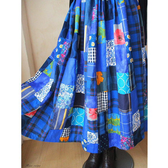 K様ご予約品 絵画なパッチワーク 美しい青のギャザースカート チェック 花  ストライプ 送料無料 8枚目の画像