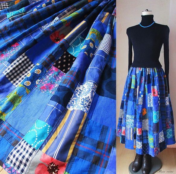 K様ご予約品 絵画なパッチワーク 美しい青のギャザースカート チェック 花  ストライプ 送料無料 1枚目の画像