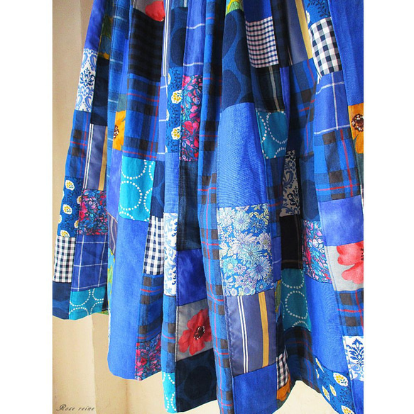 K様ご予約品 絵画なパッチワーク 美しい青のギャザースカート チェック 花  ストライプ 送料無料 10枚目の画像