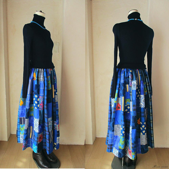 K様ご予約品 絵画なパッチワーク 美しい青のギャザースカート チェック 花  ストライプ 送料無料 3枚目の画像