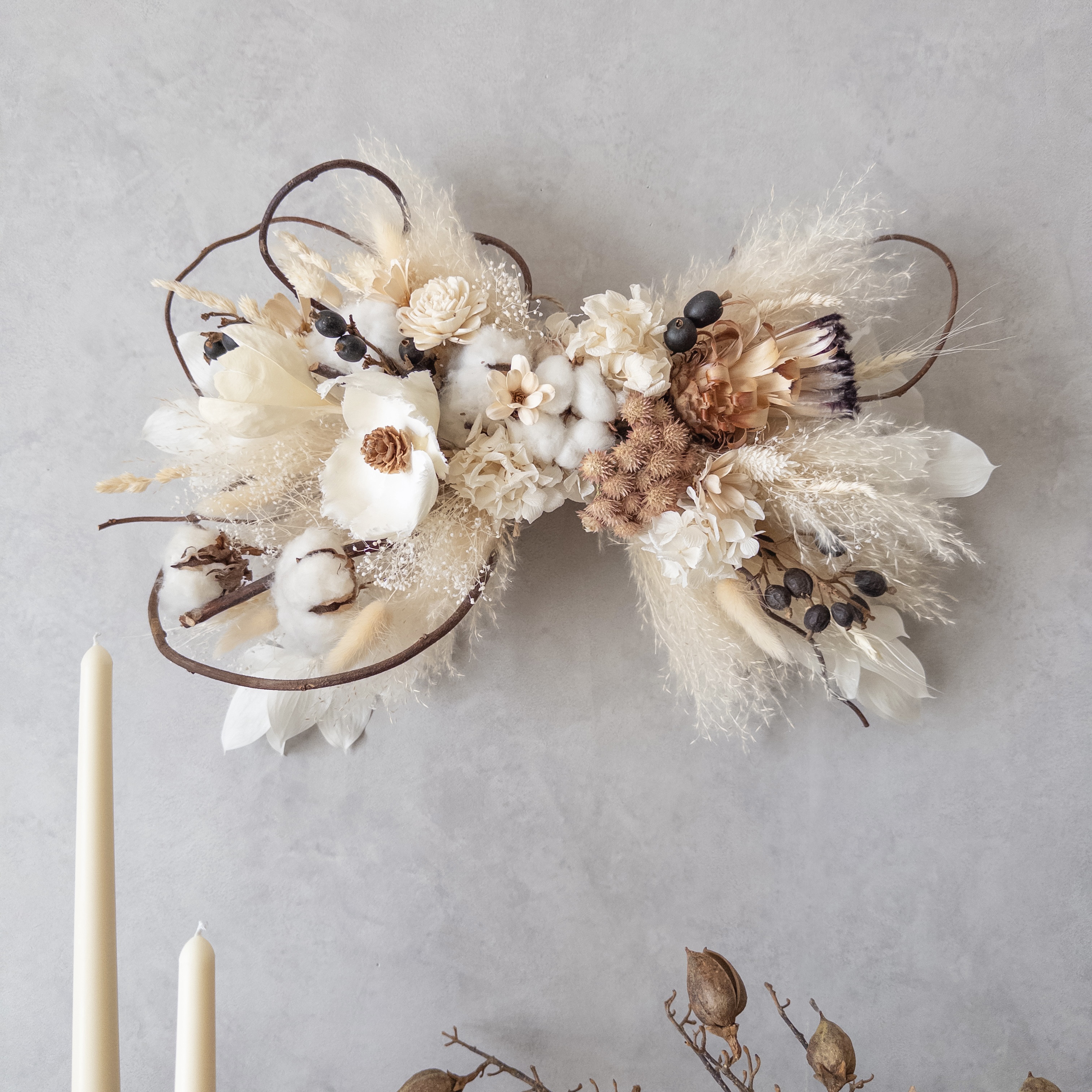 ドライフラワー 壁掛けアレンジメントしめ縄 ドライフラワー壁掛けアレンジメント 横長スワッグ ドライ