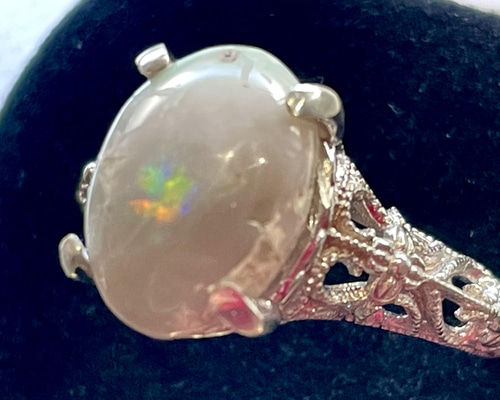 セミブラックオパール シルバーリング アール・デコ フィリグリー