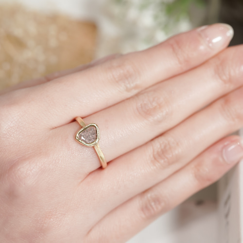 K18 YG 『天然のアート』スライスカット 天然ダイヤモンド リング 指輪