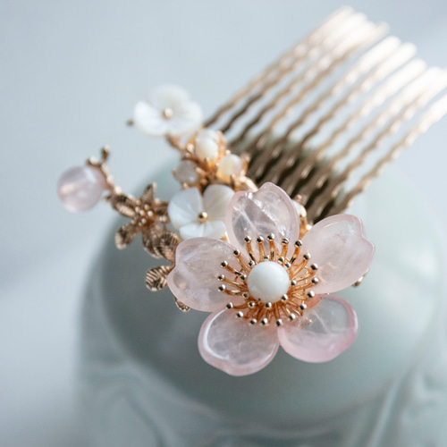 【ヒロ様】かのこ３点セット＋鶴梅②簪ヘアコーム 七五三No.72】かのこ、前髪飾り、鶴梅②簪（淡桜）3点セット（淡桃