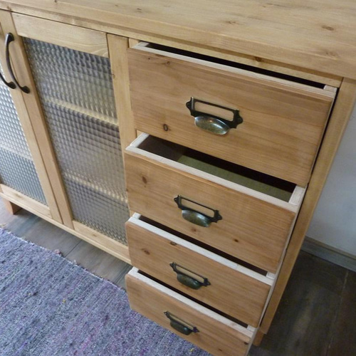 リビングボード サイドボード チェッカーガラスキャビネット 引き出し