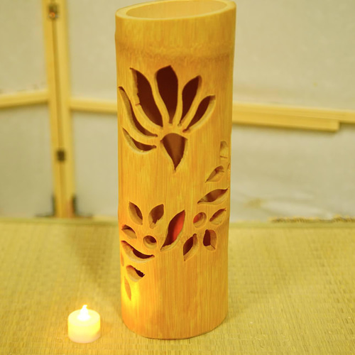 竹灯籠　竹灯り   ロウソクの揺らぎ　両面彫り 竹ランプシェイド 　〜和牡丹〜 竹灯籠 竹灯り ロウソクの揺らぎ 両面彫り 竹ランプシェイド 〜〜陽炎