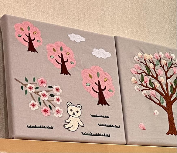 刺繍アート　ファブリックパネル　桜・お花見 2枚目の画像