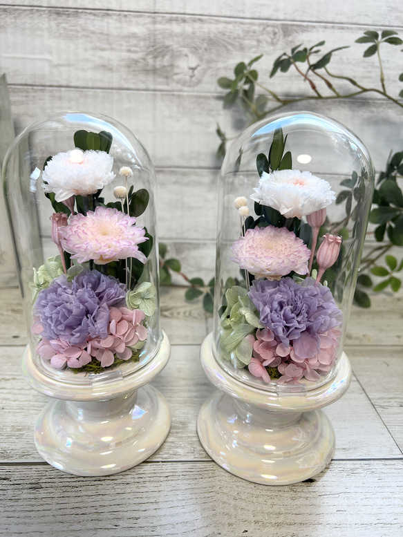 可愛いプリザーブドフラワー の供花 仏花 クリアドーム ボトルフラワー ホワイト　ピンク 3枚目の画像