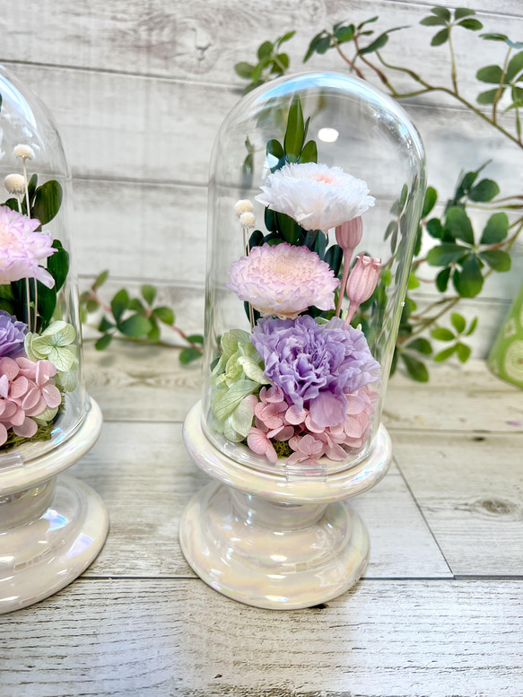 可愛いプリザーブドフラワー の供花 仏花 クリアドーム ボトルフラワー ホワイト　ピンク 4枚目の画像