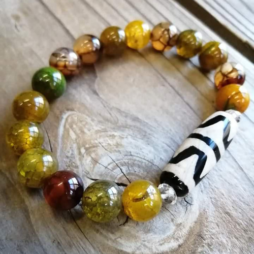 ドラゴン瑪瑙天珠 ブレスレット ◇ドラゴンアゲート（龍紋瑪瑙）＆虎牙天珠のブレスレット