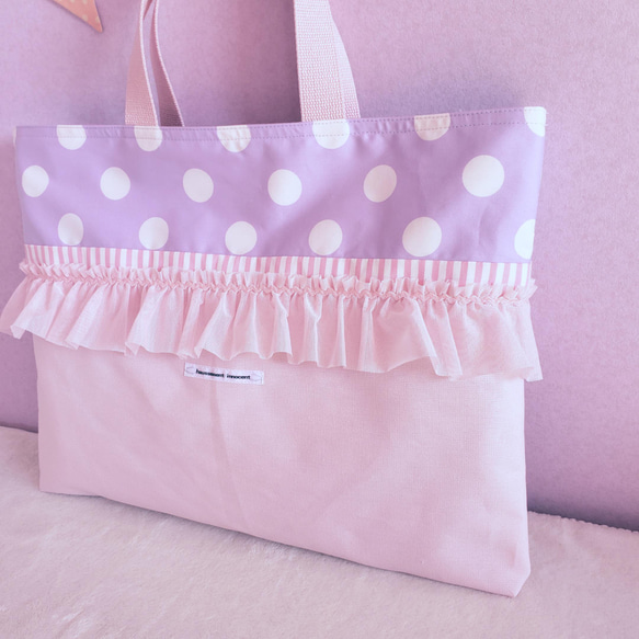 フリルの帆布レッスンバッグ pink×purple サイズ変更可能 - 大きな割引