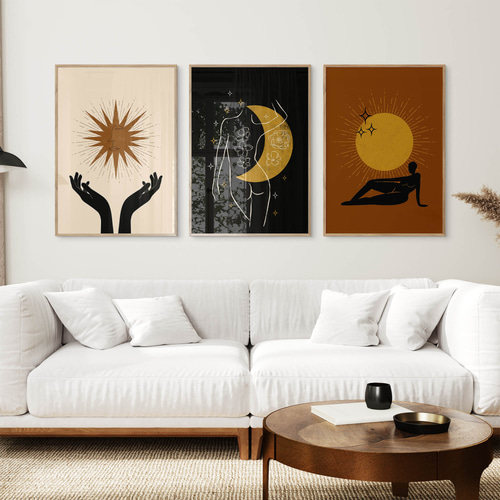 アートポスター 月 太陽 星 神秘的 女性 北欧風 エレガント モダン 3枚