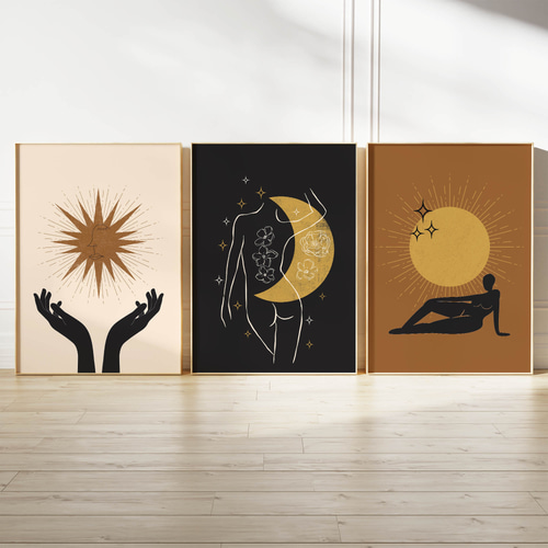 アートポスター 月 太陽 星 神秘的 女性 北欧風 エレガント モダン 3枚